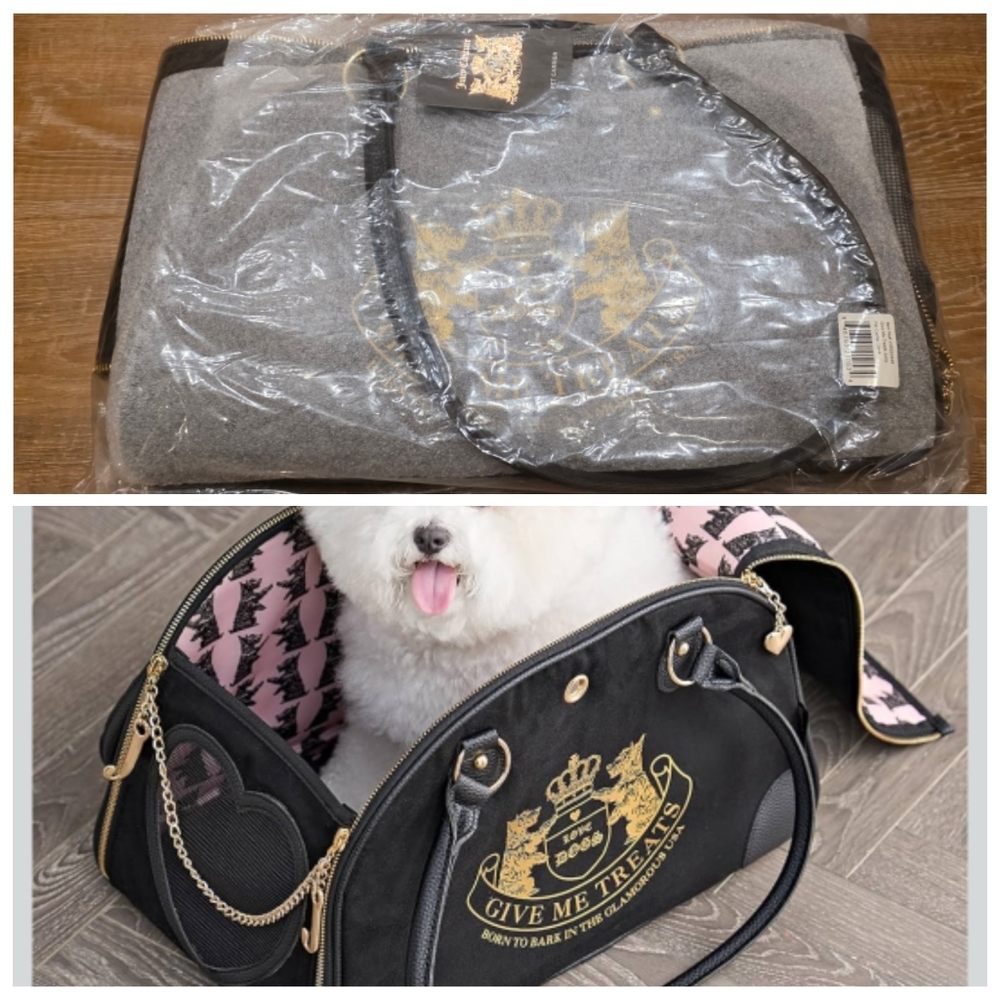 NWT Juicy Couture Pet Carrier Black & Pink Travel Bag for Small Dog & Cat.